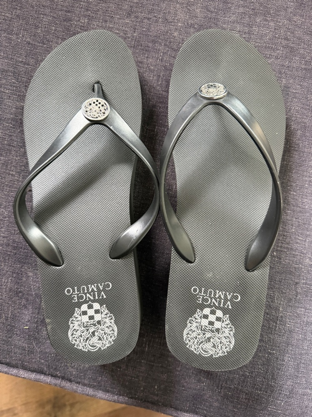 Vince Camuto Metallic Gray Thong Sandals with Decorative Medallion
